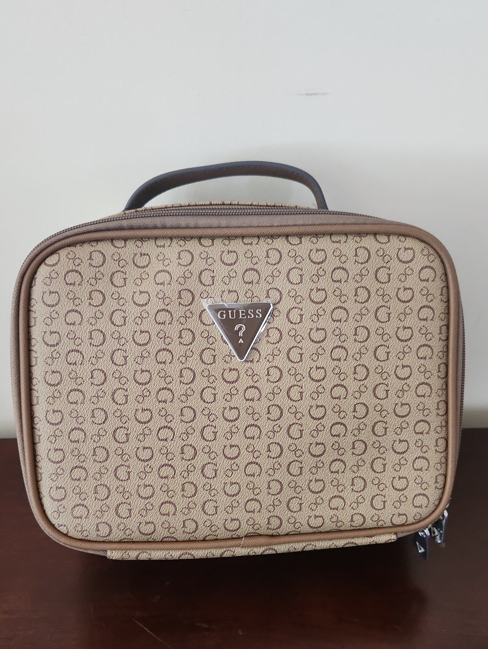 GUESS Beige/Tan Monogram Toiletry Case with Top Handle